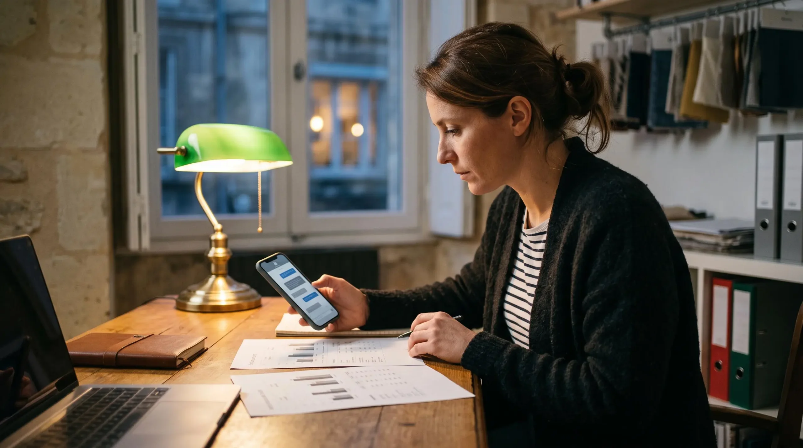 Un dirigeant compare les résultats de campagne sur son téléphone et des documents imprimés.