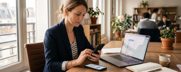 Une marketeuse rédige un SMS sur son téléphone au bureau, ordinateur et notes à côté.