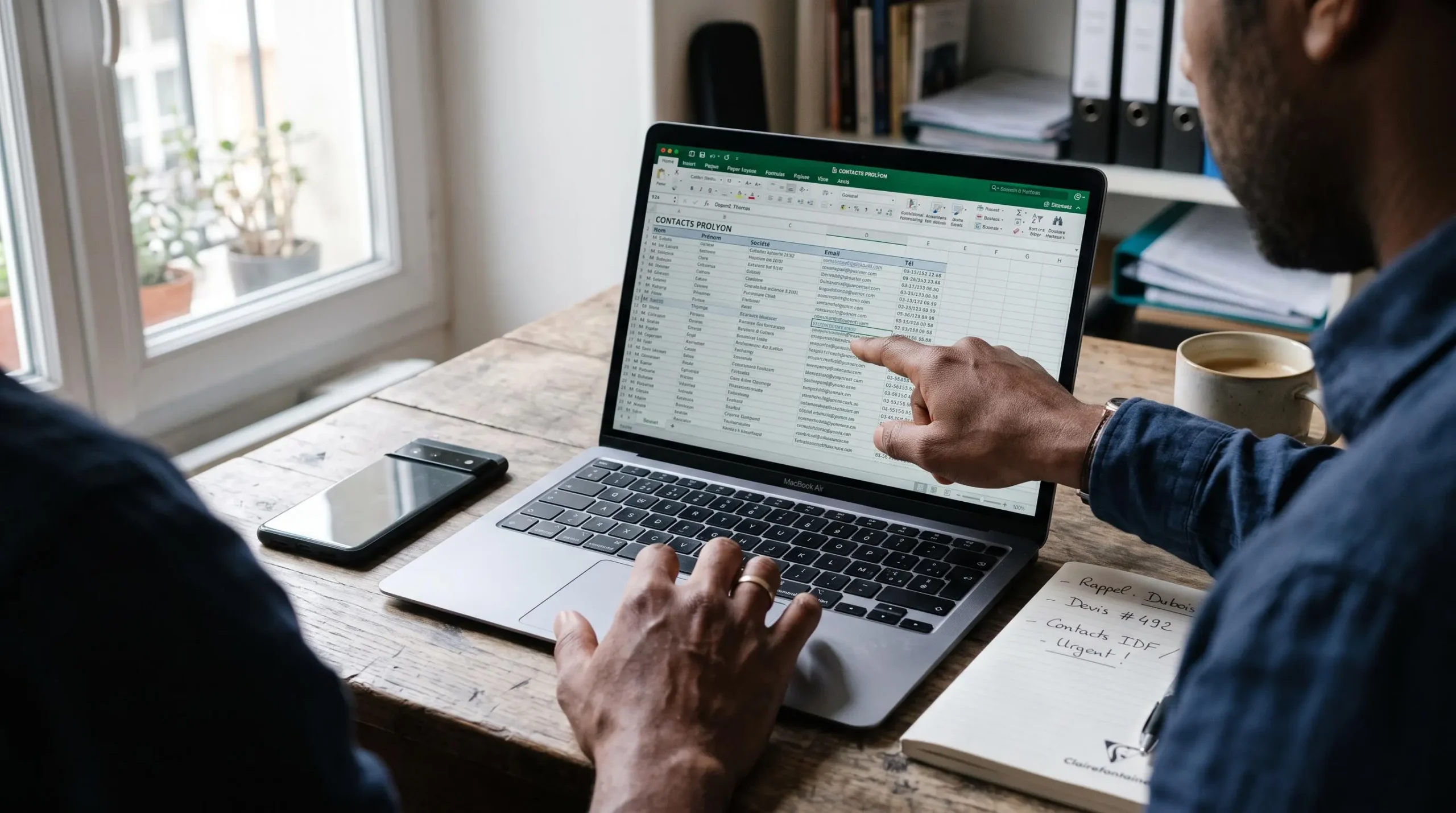 Des mains sélectionnent des contacts sur un ordinateur portable dans un bureau clair.